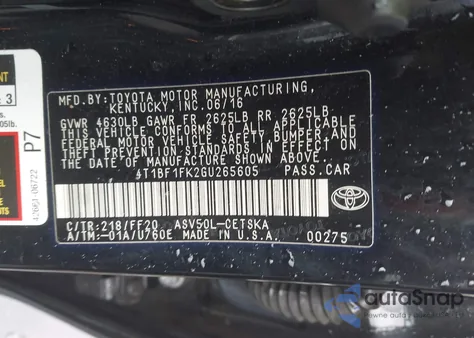 2016 Toyota Camry Se из США, поврежденный, VIN 4T1BF1FK2GU265605